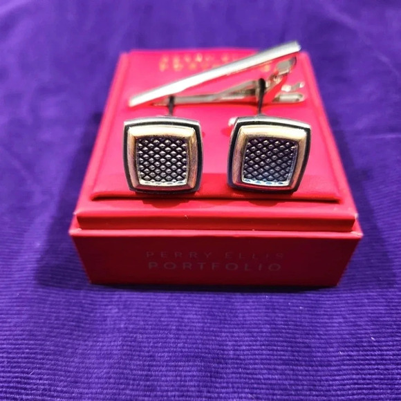 Perry Ellis Portfolio Cufflinks Silver Tone Gold Tone Tie Bar Clip Boxed - Picture 2 of 10